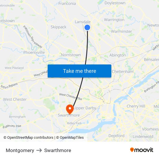 Montgomery to Swarthmore map