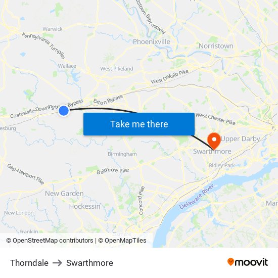 Thorndale to Swarthmore map