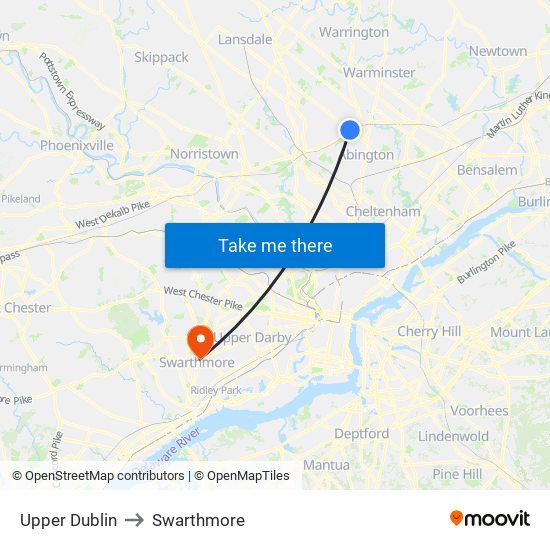 Upper Dublin to Swarthmore map