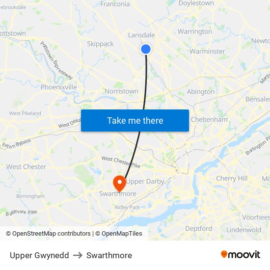 Upper Gwynedd to Swarthmore map