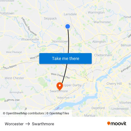 Worcester to Swarthmore map