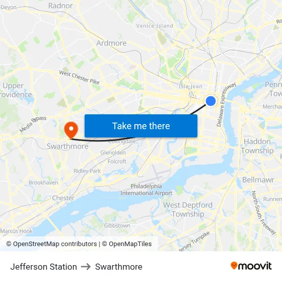 Jefferson Station to Swarthmore map