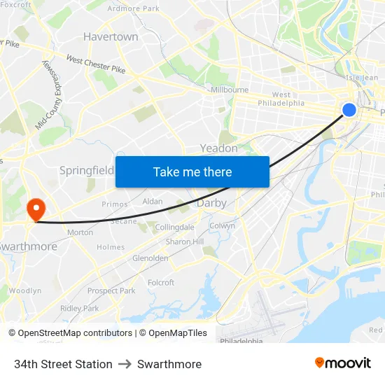 34th Street Station to Swarthmore map