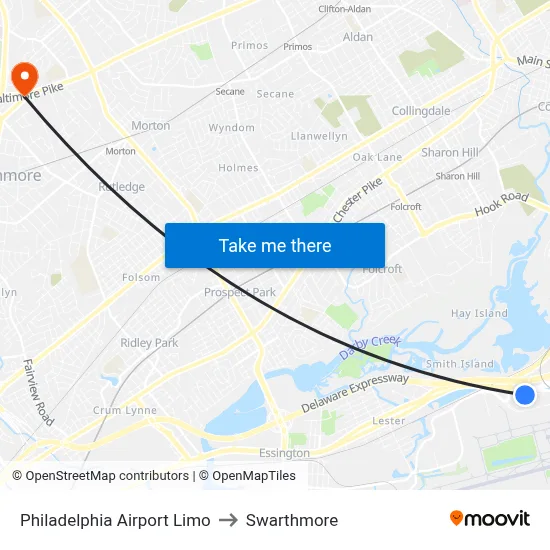 Philadelphia Airport Limo to Swarthmore map