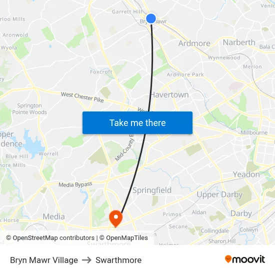 Bryn Mawr Village to Swarthmore map