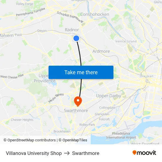 Villanova University Shop to Swarthmore map