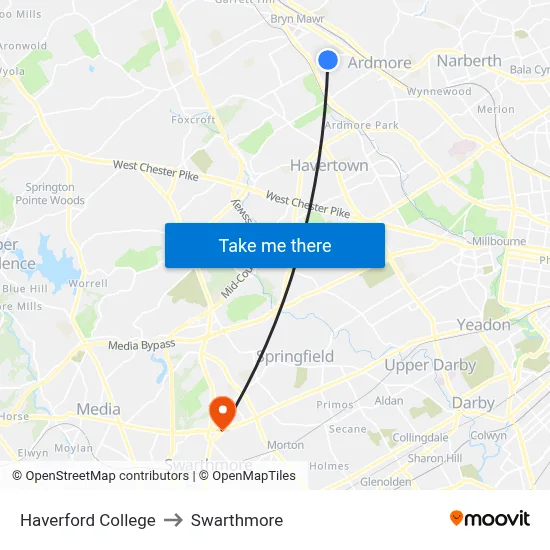 Haverford College to Swarthmore map