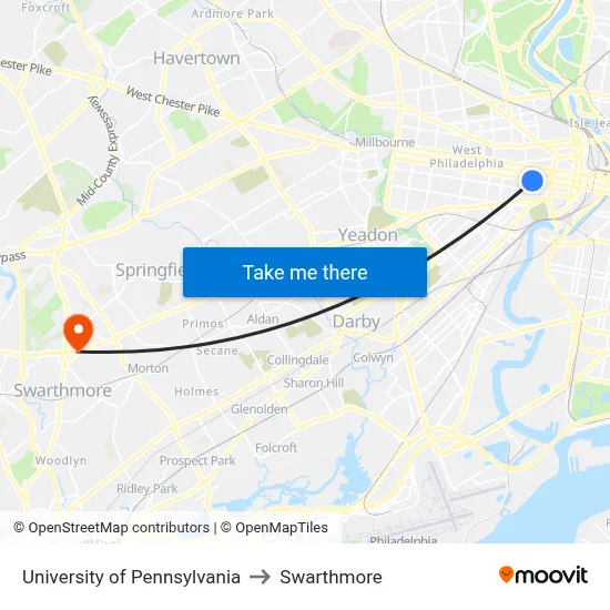 University of Pennsylvania to Swarthmore map