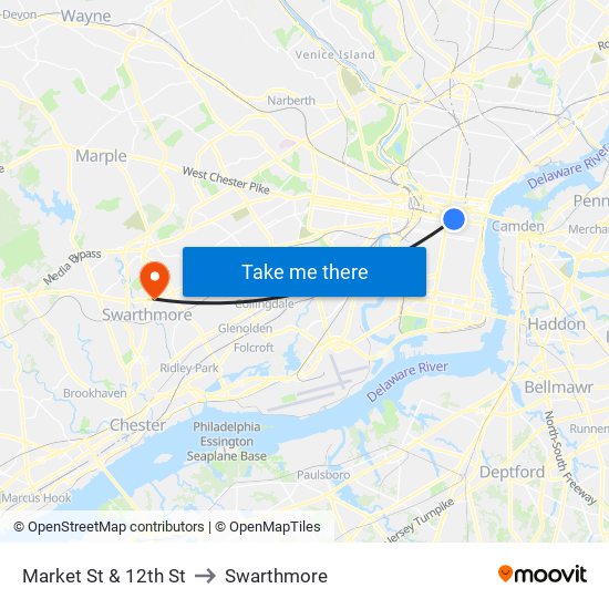 Market St & 12th St to Swarthmore map