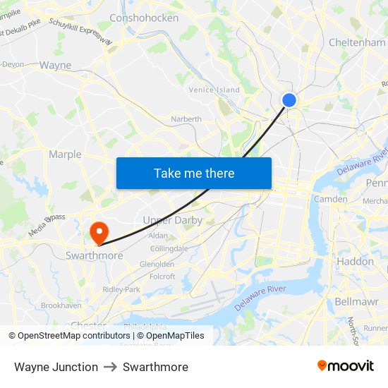 Wayne Junction to Swarthmore map