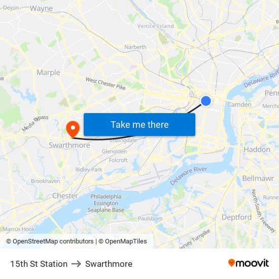 15th St Station to Swarthmore map