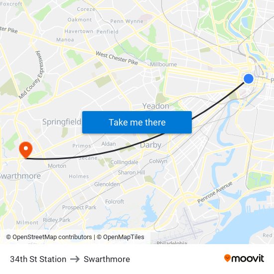 34th St Station to Swarthmore map