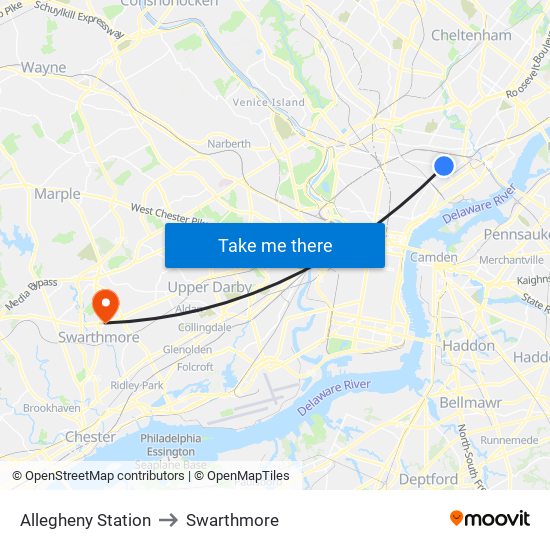 Allegheny Station to Swarthmore map