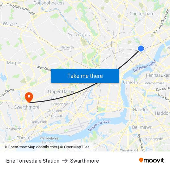 Erie Torresdale Station to Swarthmore map