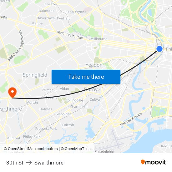 30th St to Swarthmore map