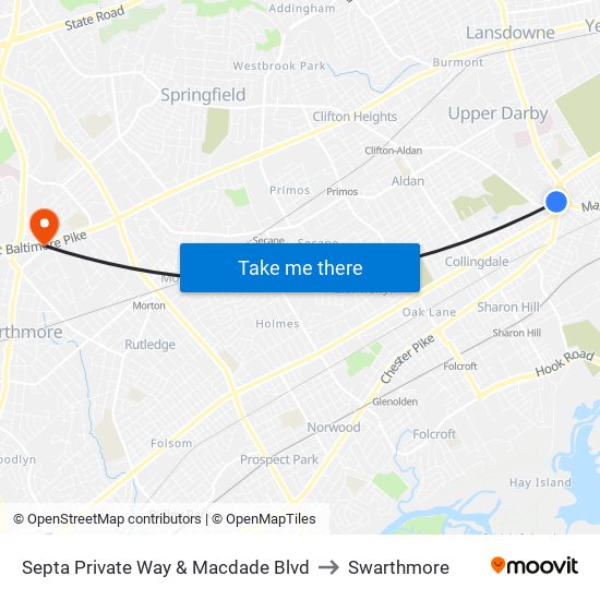 Septa Private Way & Macdade Blvd to Swarthmore map