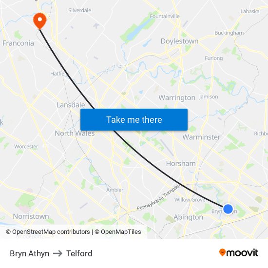 Bryn Athyn to Telford map