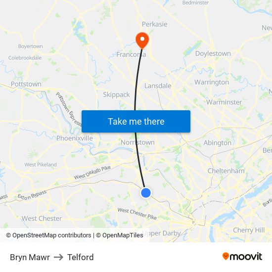 Bryn Mawr to Telford map