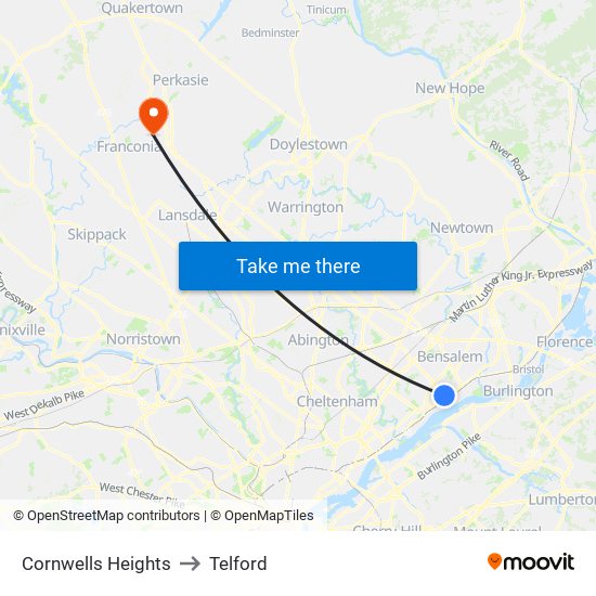 Cornwells Heights to Telford map