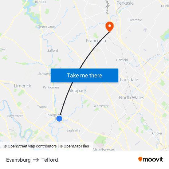 Evansburg to Telford map