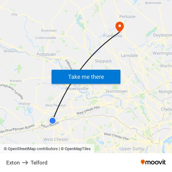 Exton to Telford map