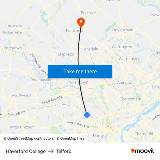 Haverford College to Telford map