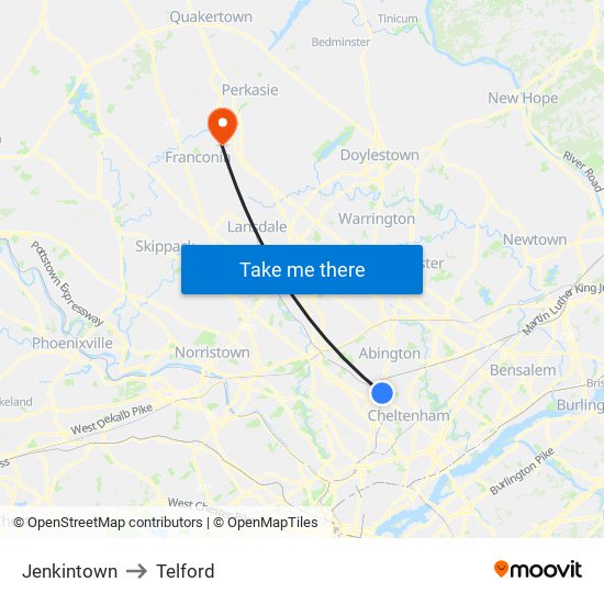Jenkintown to Telford map