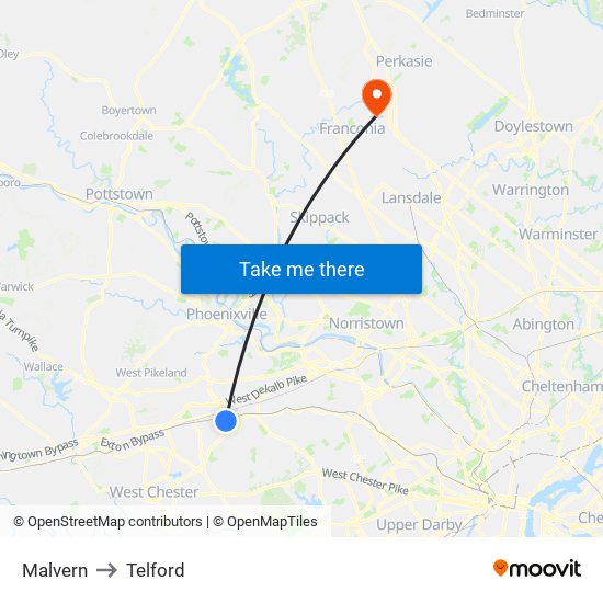 Malvern to Telford map