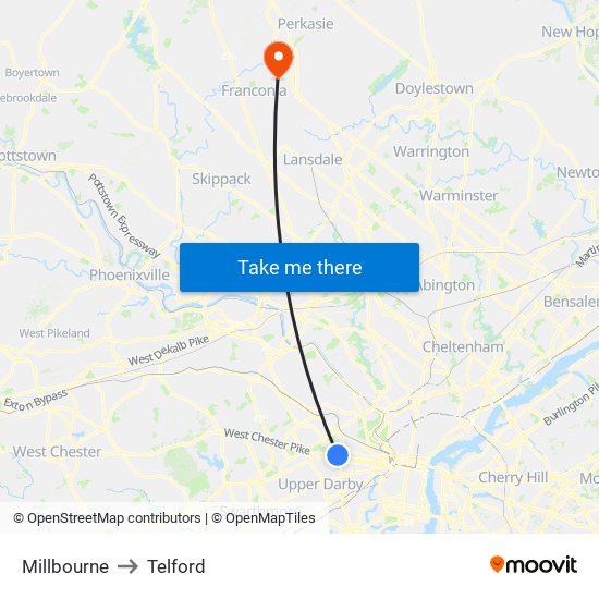 Millbourne to Telford map