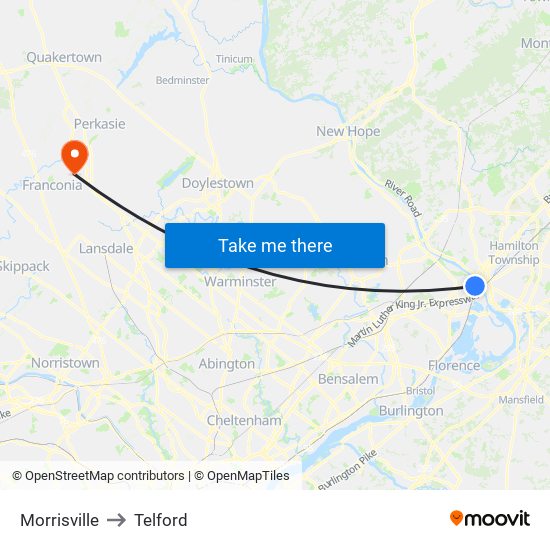 Morrisville to Telford map
