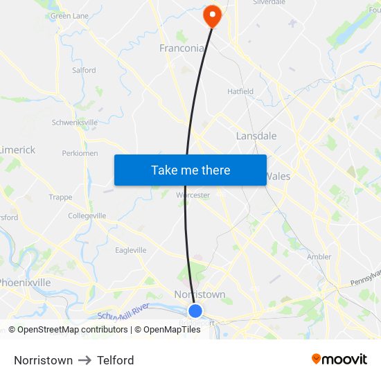 Norristown to Telford map