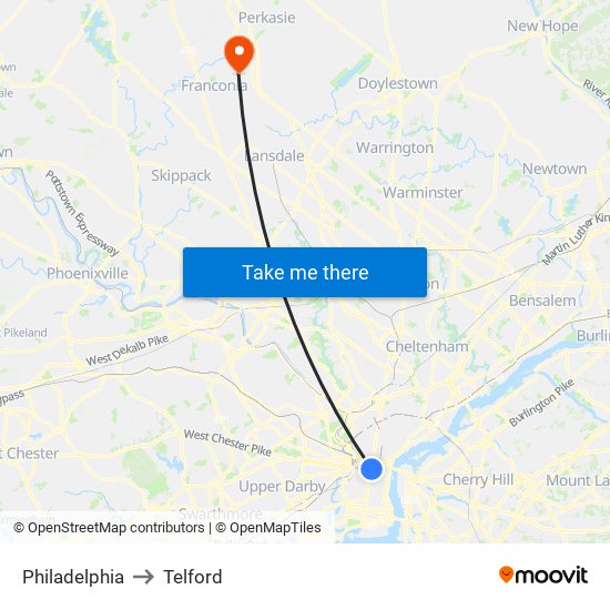 Philadelphia to Telford map