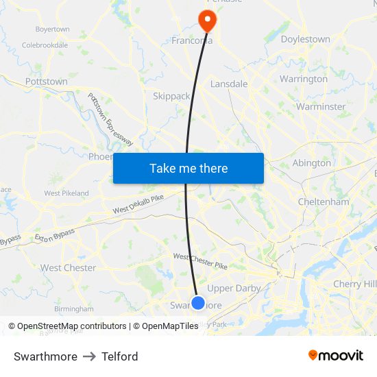 Swarthmore to Telford map