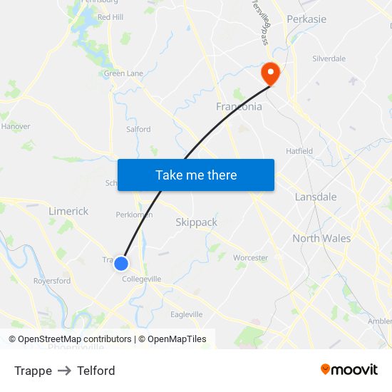 Trappe to Telford map