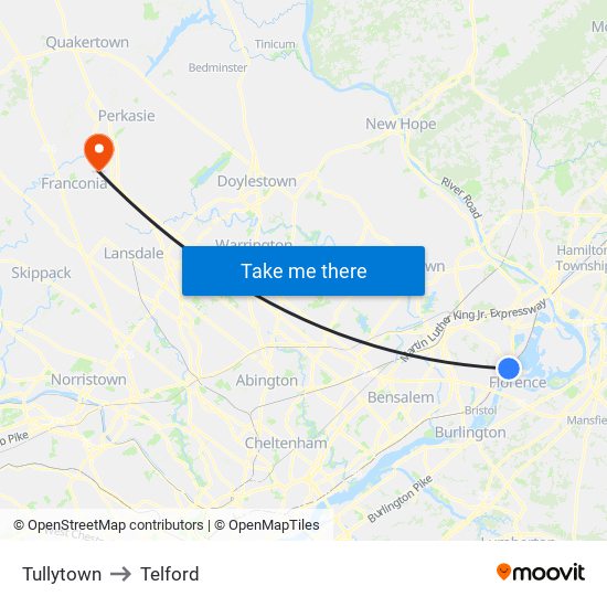 Tullytown to Telford map