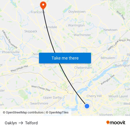 Oaklyn to Telford map