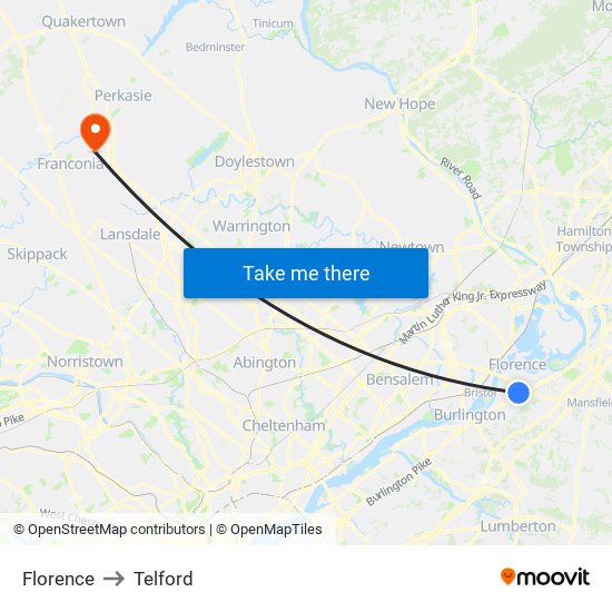 Florence to Telford map