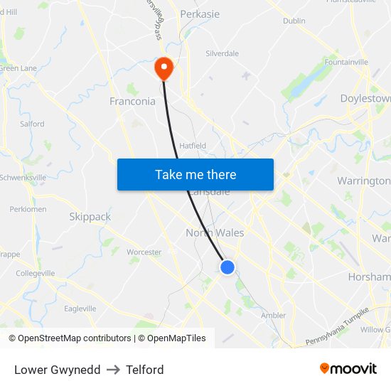 Lower Gwynedd to Telford map