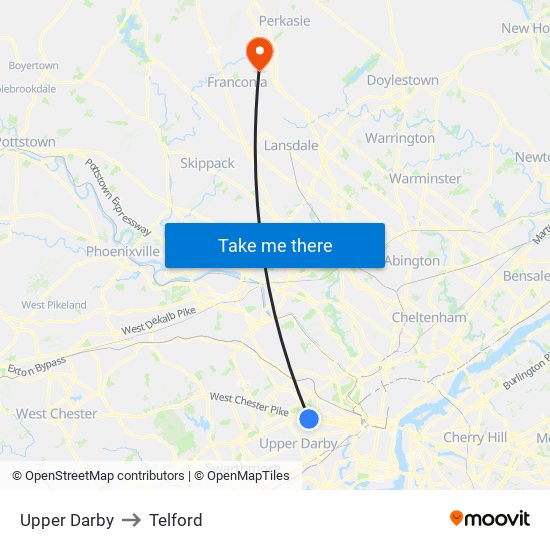 Upper Darby to Telford map