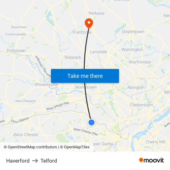 Haverford to Telford map