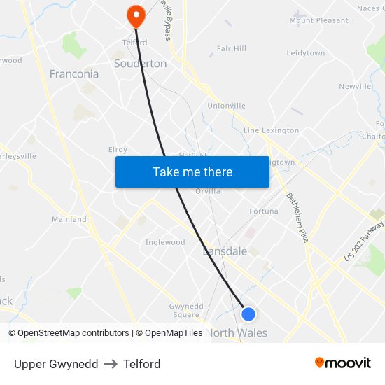 Upper Gwynedd to Telford map