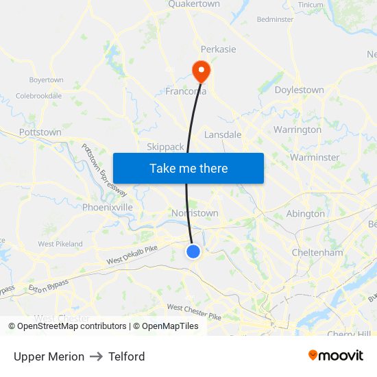 Upper Merion to Telford map