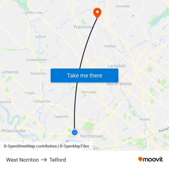West Norriton to Telford map
