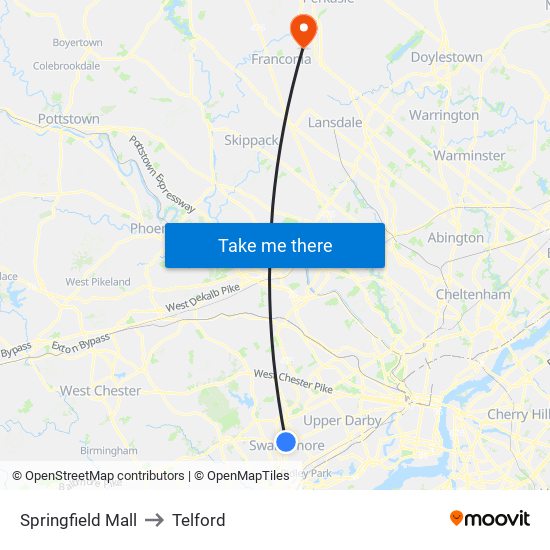 Springfield Mall to Telford map