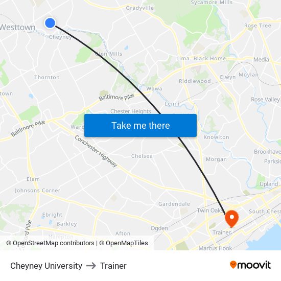 Cheyney University to Trainer map