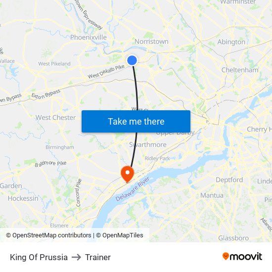 King Of Prussia to Trainer map