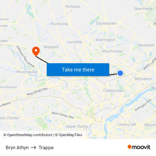 Bryn Athyn to Trappe map
