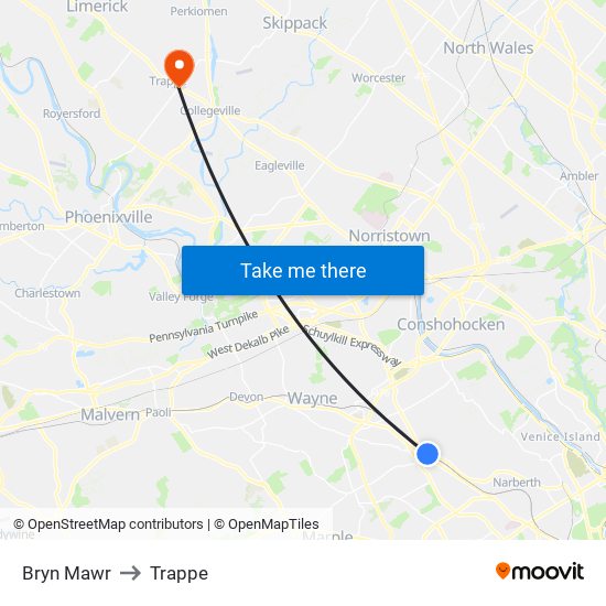 Bryn Mawr to Trappe map