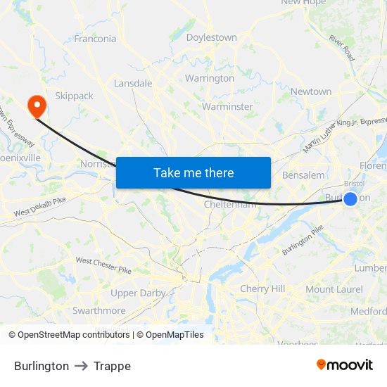 Burlington to Trappe map
