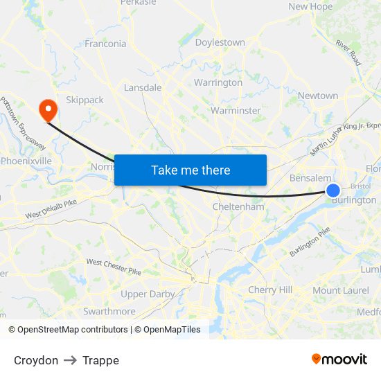 Croydon to Trappe map